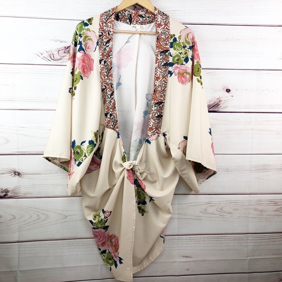 indigo thread Accessories - S196 Indigo Thread Cream Floral Kimono